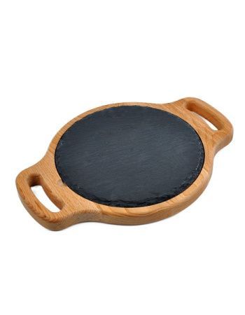 Блюдо для подачи MGprof d=20см h=1,5см черное сланец на дерев. подставке с ручками