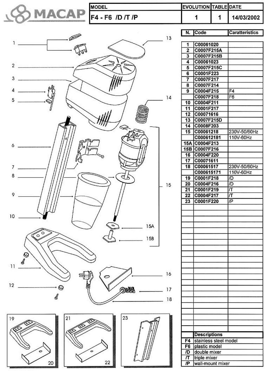 Деталировка Macap F4, F4 D, F4 T, F6, F6 D, F6 T